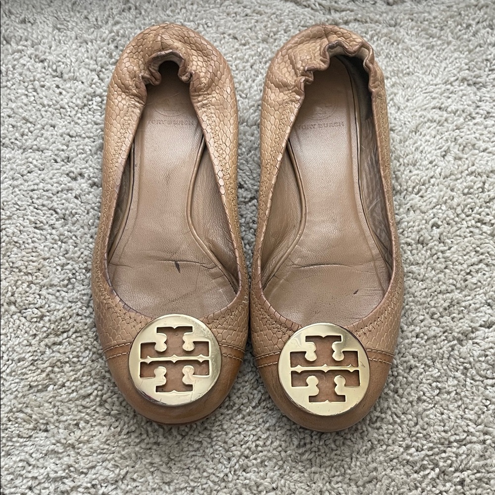 Tory Burch Brown Leather Flats with Gold Logo
